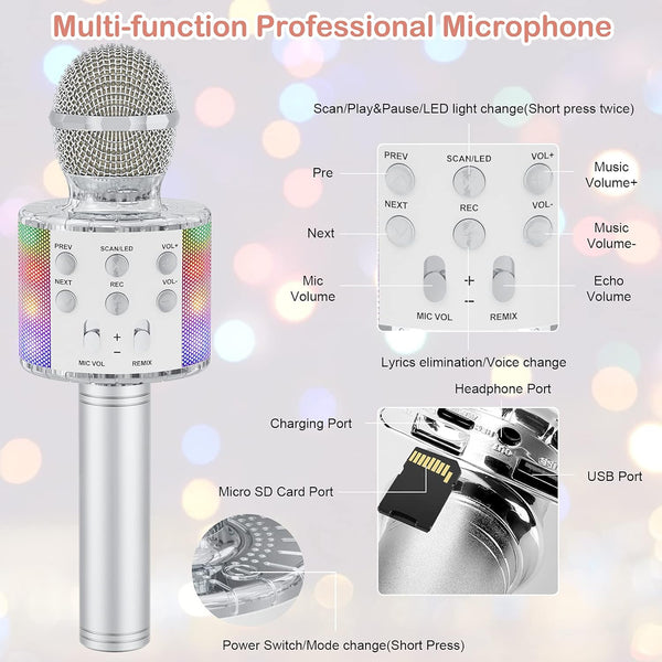 Karaoke Microphone, 5-in-1 Wireless Bluetooth Karaoke Mic for Adults Kids, Handheld Mics Speaker with LED Lights,Christmas Birthday Gifts for All Ages