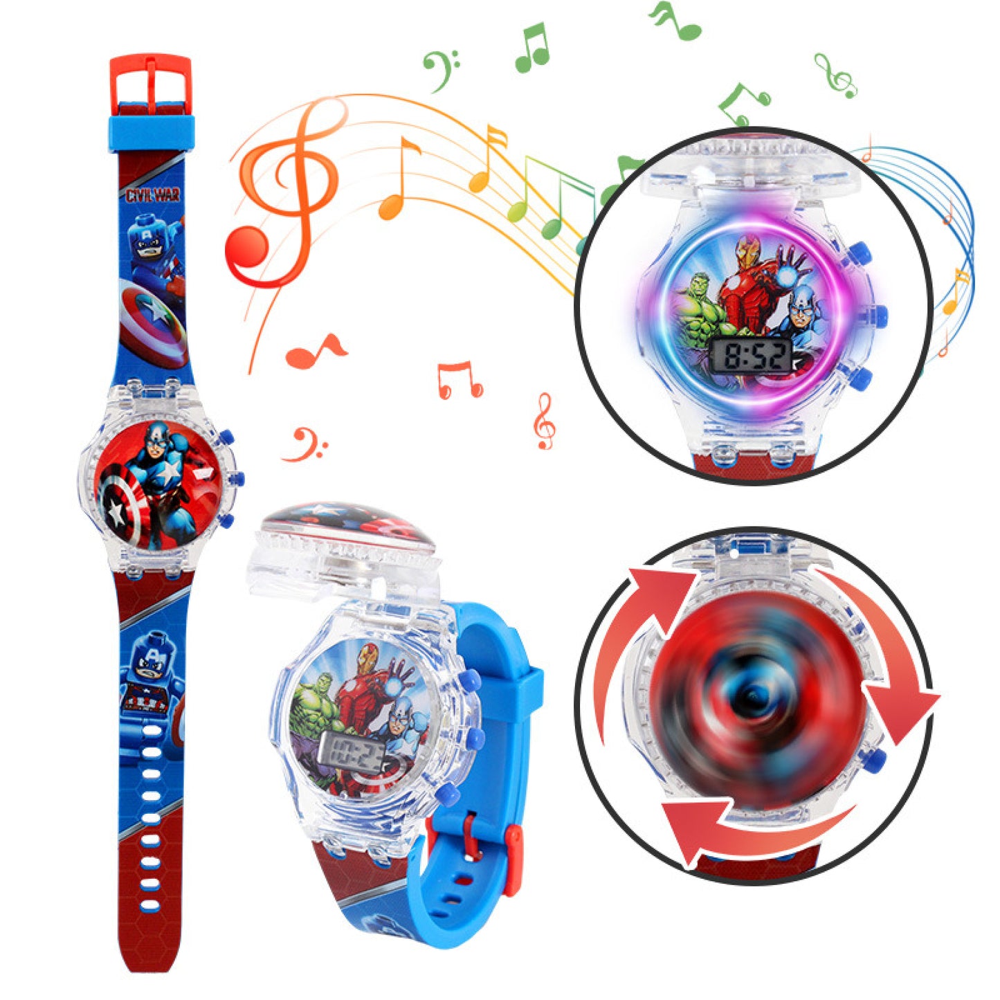 Kids Digital Watch - Spinning Music and Lights - Captain America