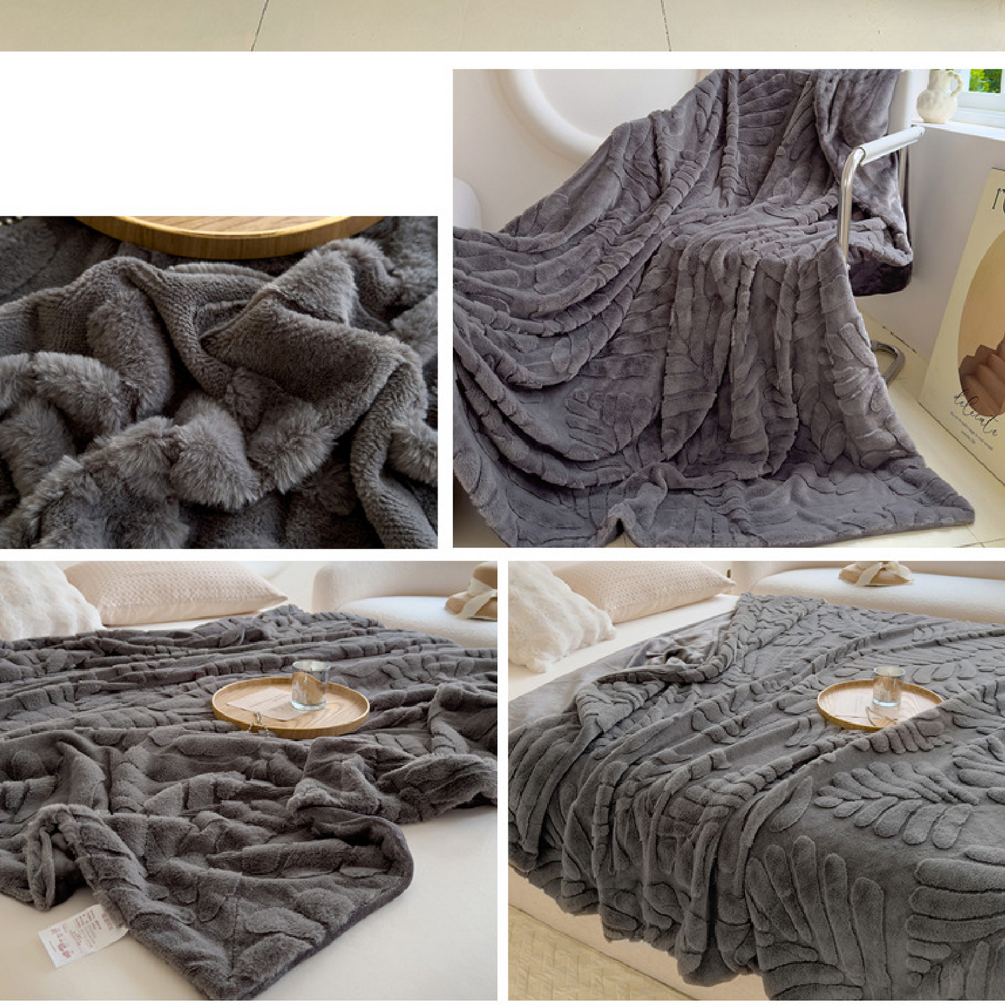 New Rabbit Fur - Banana leaf Design - Double Layer Thickened Rabbit Fur Blanket Throw - High Weight Blanket Comfortable and Warm - 200 x 230cm