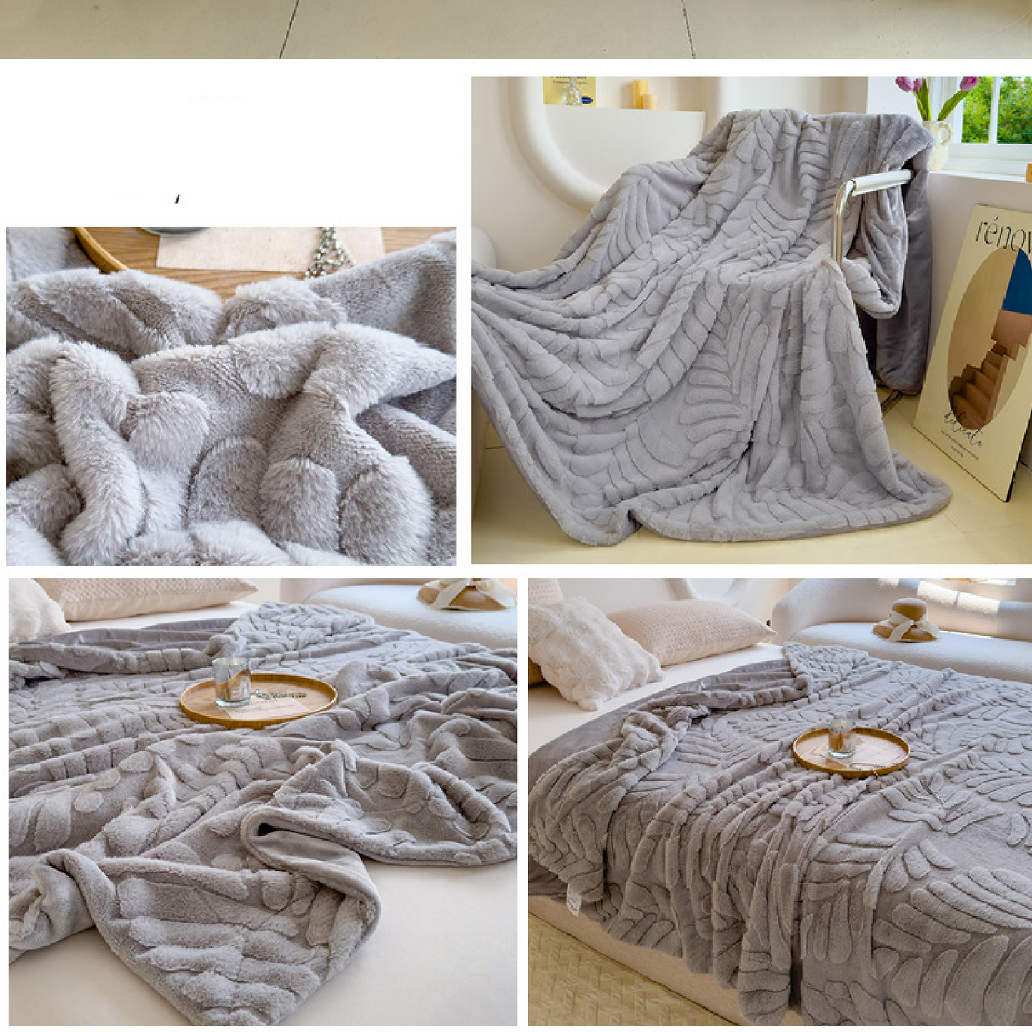 New Rabbit Fur - Banana leaf Design - Double Layer Thickened Rabbit Fur Blanket Throw - High Weight Blanket Comfortable and Warm - 200 x 230cm