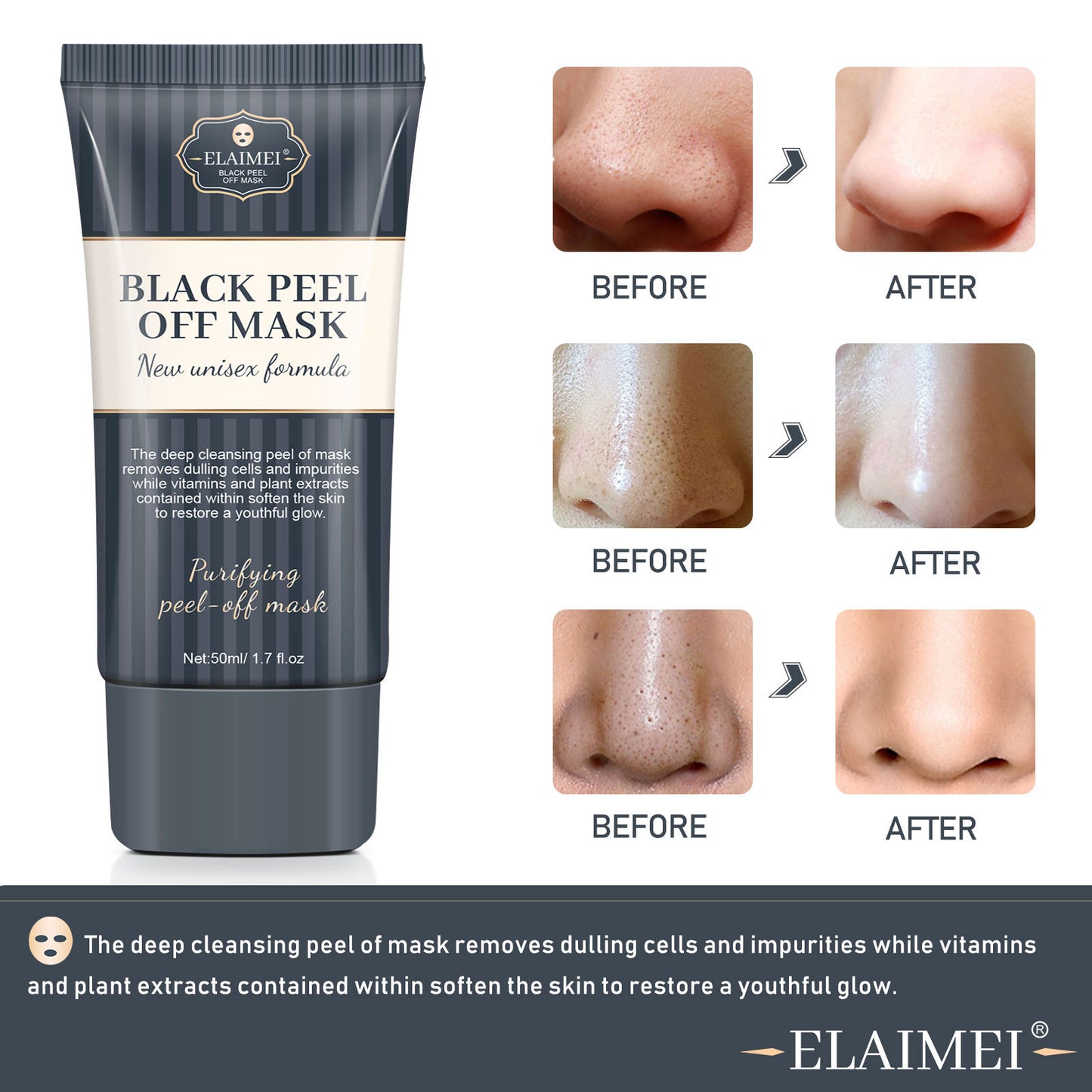 ELAIMEI - Black Peel Off Mask-Blackhead Removal Cleansing Mask Repair Pores Acne Mask