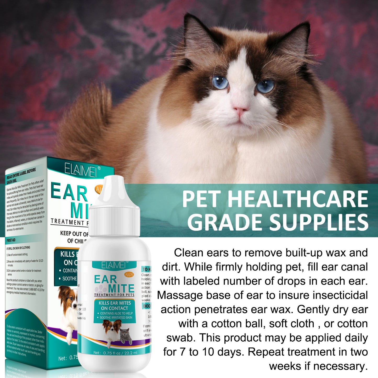 ELAIMEI - Ear Mite Treatment For Pets -Kills Ear Mite on Contact-Contains Aloe