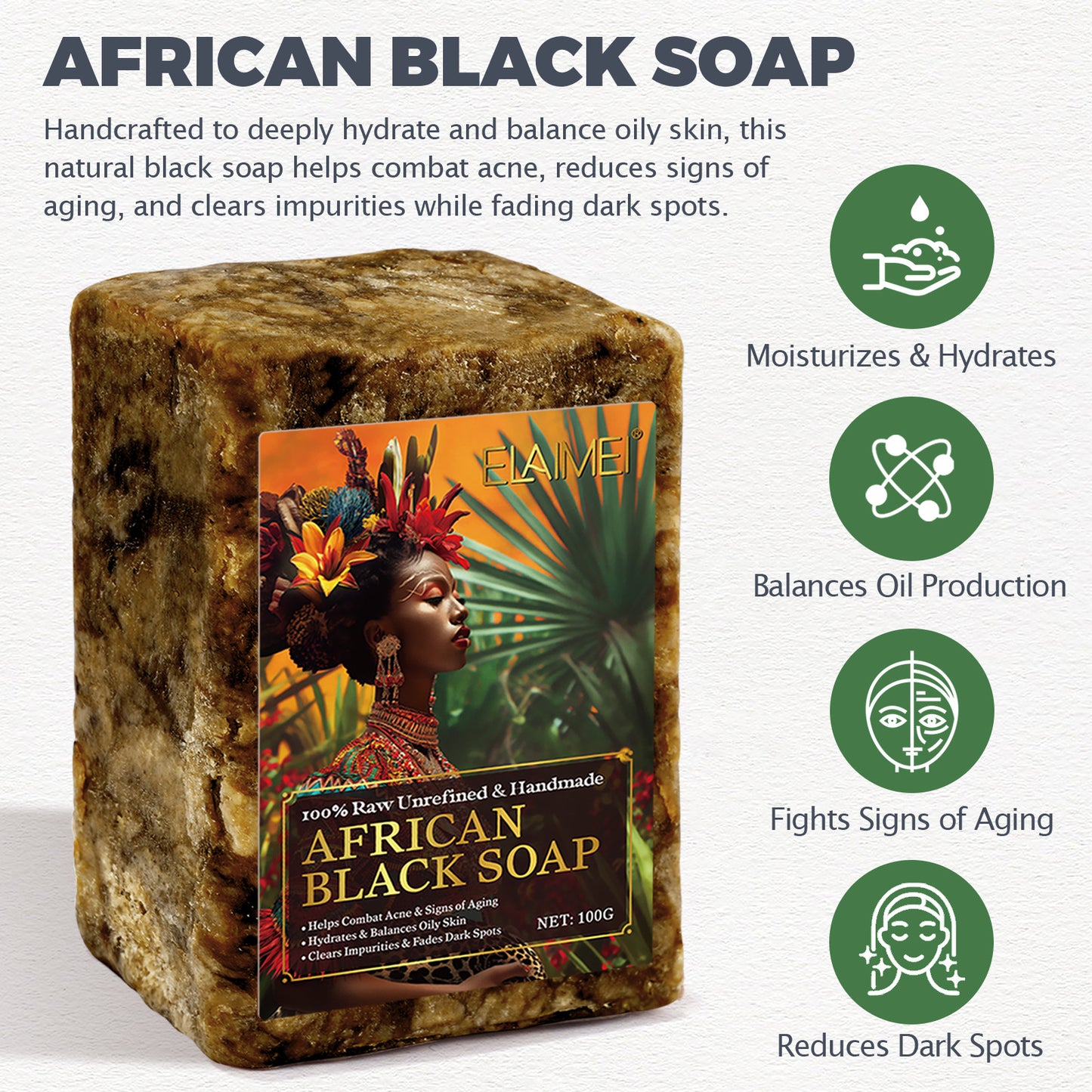 ELAIMEI - African Black Soap-Organic Handmade-Hydrates & Balances Oily Skin