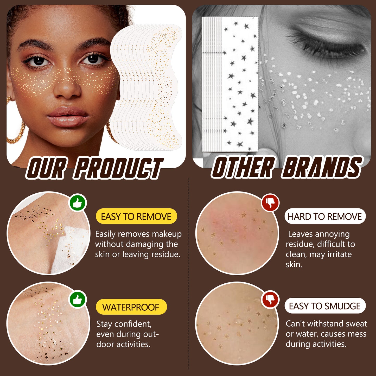 IKZEE - Face Makeup Gold Glitter Freckle Patches-Waterproof -Effortless Glam