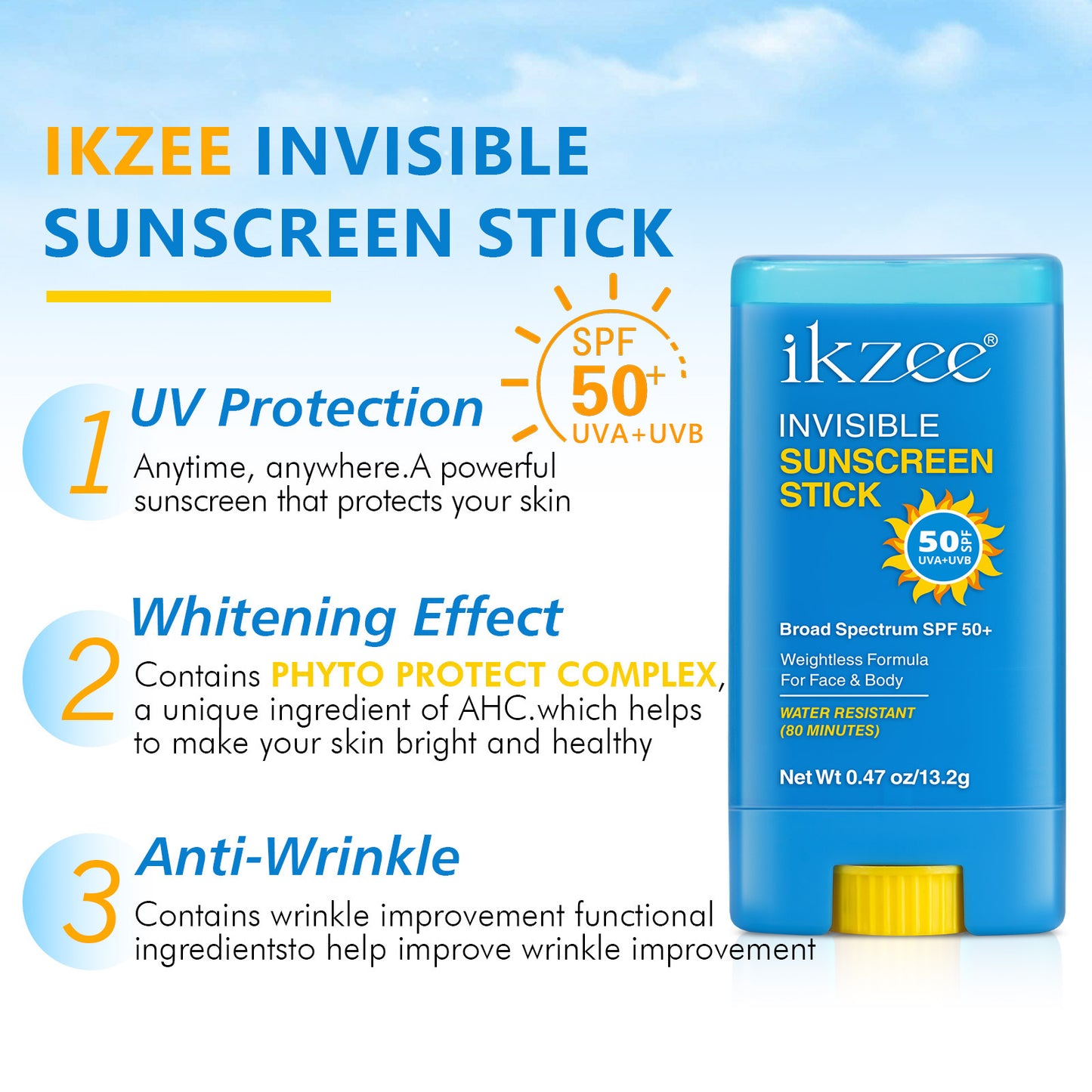 IKZEE - Invisible Sunscreen Stick SPF 50+ - Long Lasting & Water-Resistant