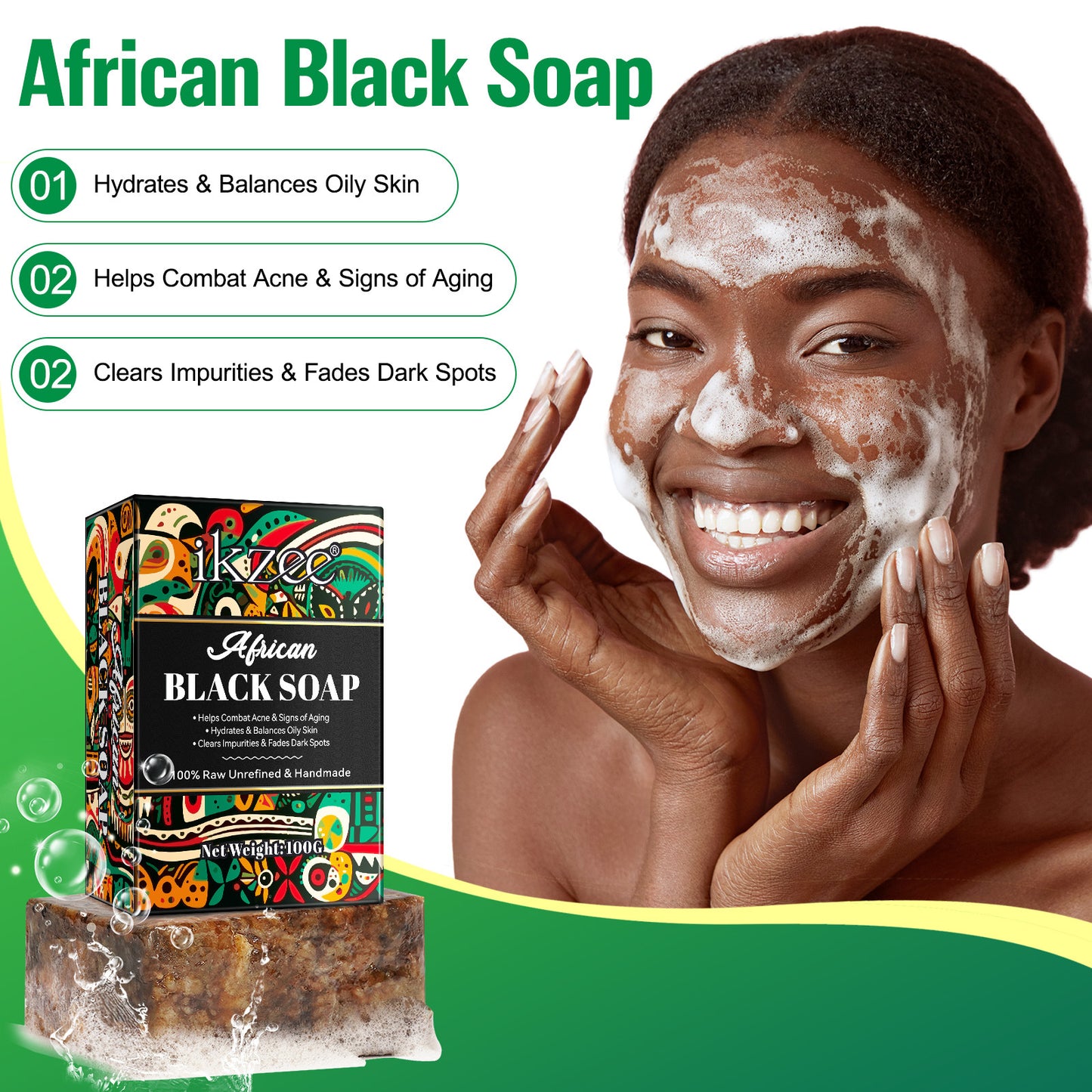 IKZEE - African Black Soap-Organic Handmade-Hydrates & Balances Oily Skin