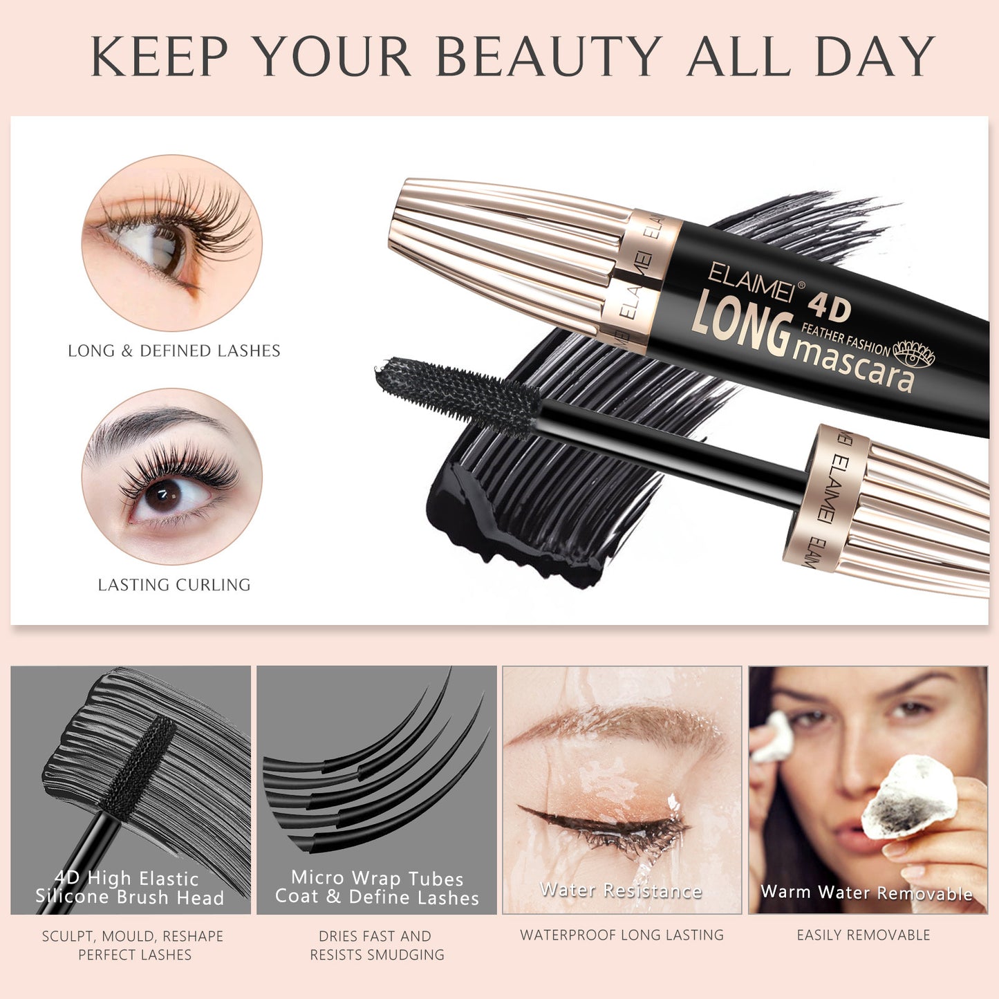 ELAIMEI - 4D Long Volume Mascara -Thicker Longer and Curl Lashes-Intense Volume