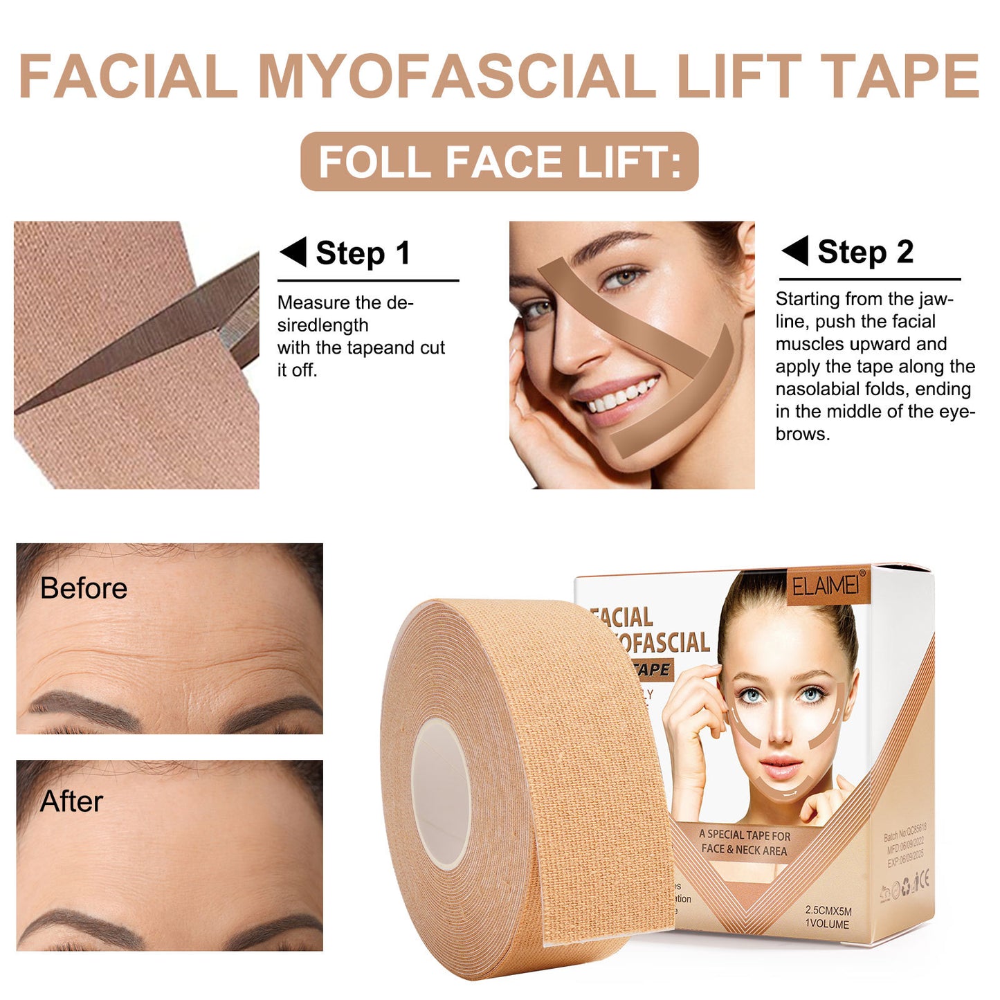 ELAIMEI - Facial Myofascial -Lift Tape-Reduce Wrinkles-Lift Facial Muscles - 2.5cmx5m