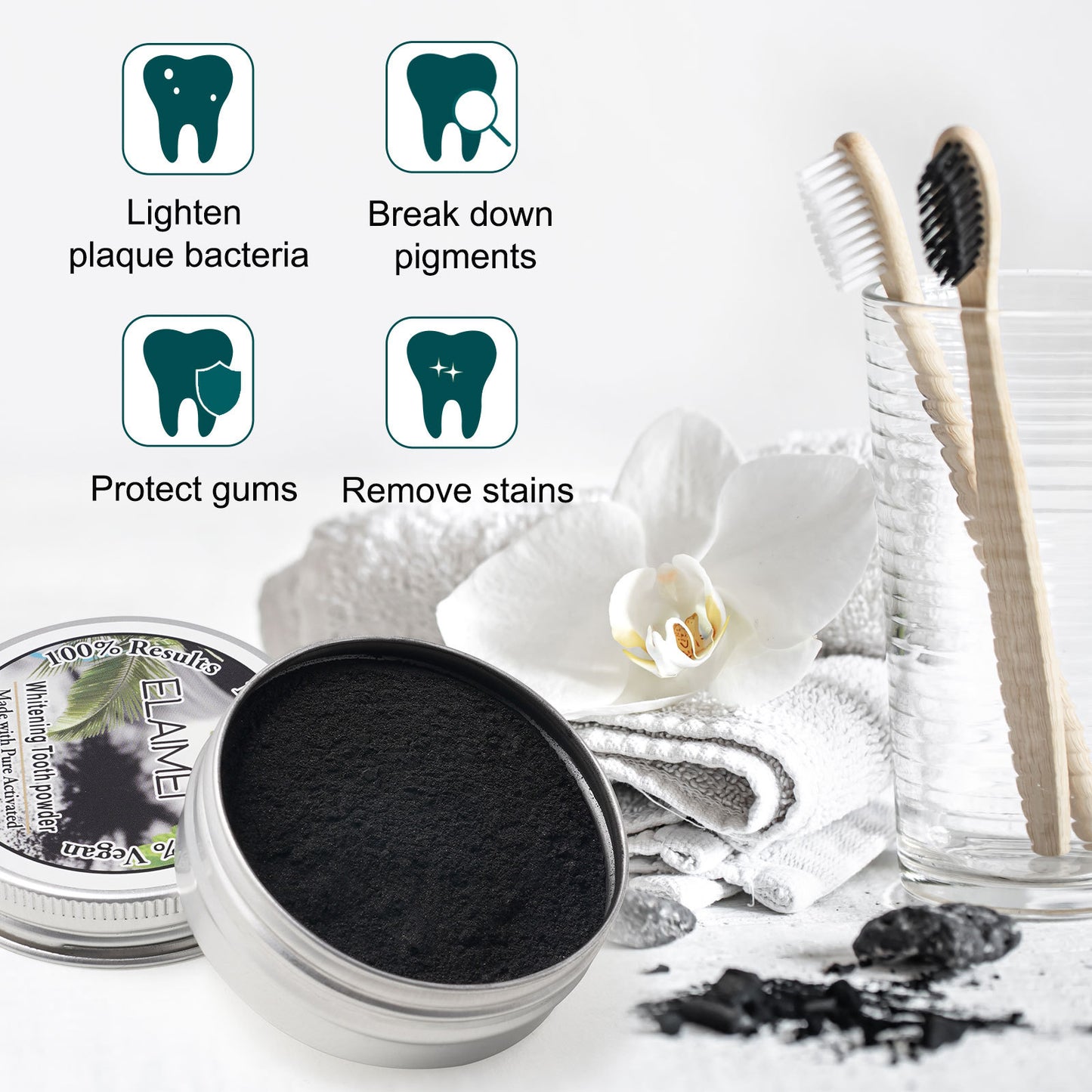 ELAIMEI - Coconut Bamboo Black Tooth Whitening Organic Activated Charcoal Powder