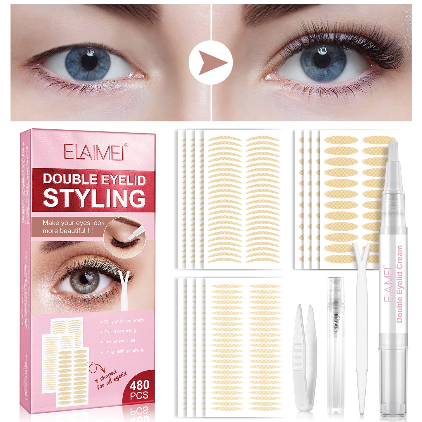 ELAIMEI - Invisible Double Eyelid Lifter Strips Tape Sticker-Waterproof 480-Piece