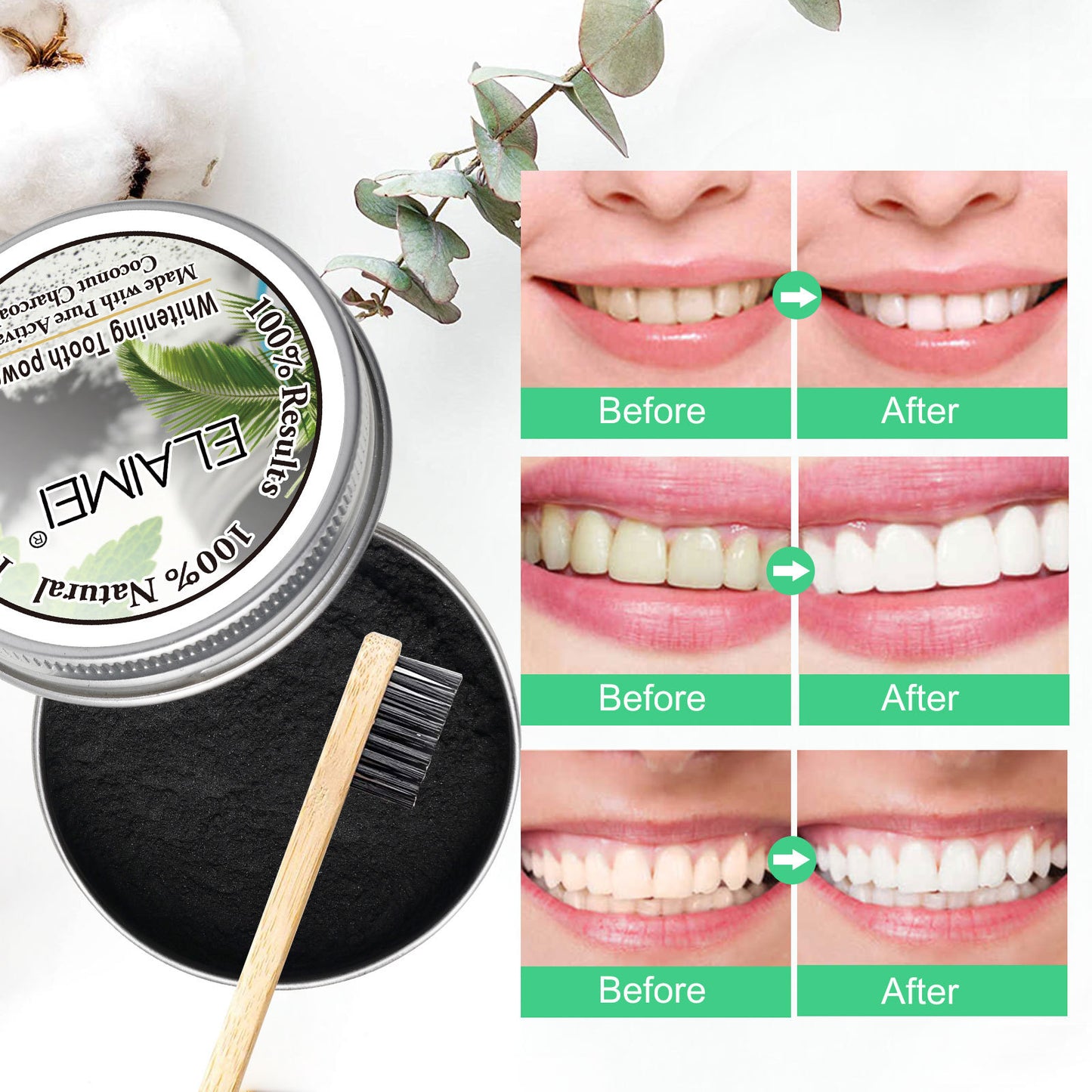 ELAIMEI - Coconut Bamboo Black Tooth Whitening Organic Activated Charcoal Powder