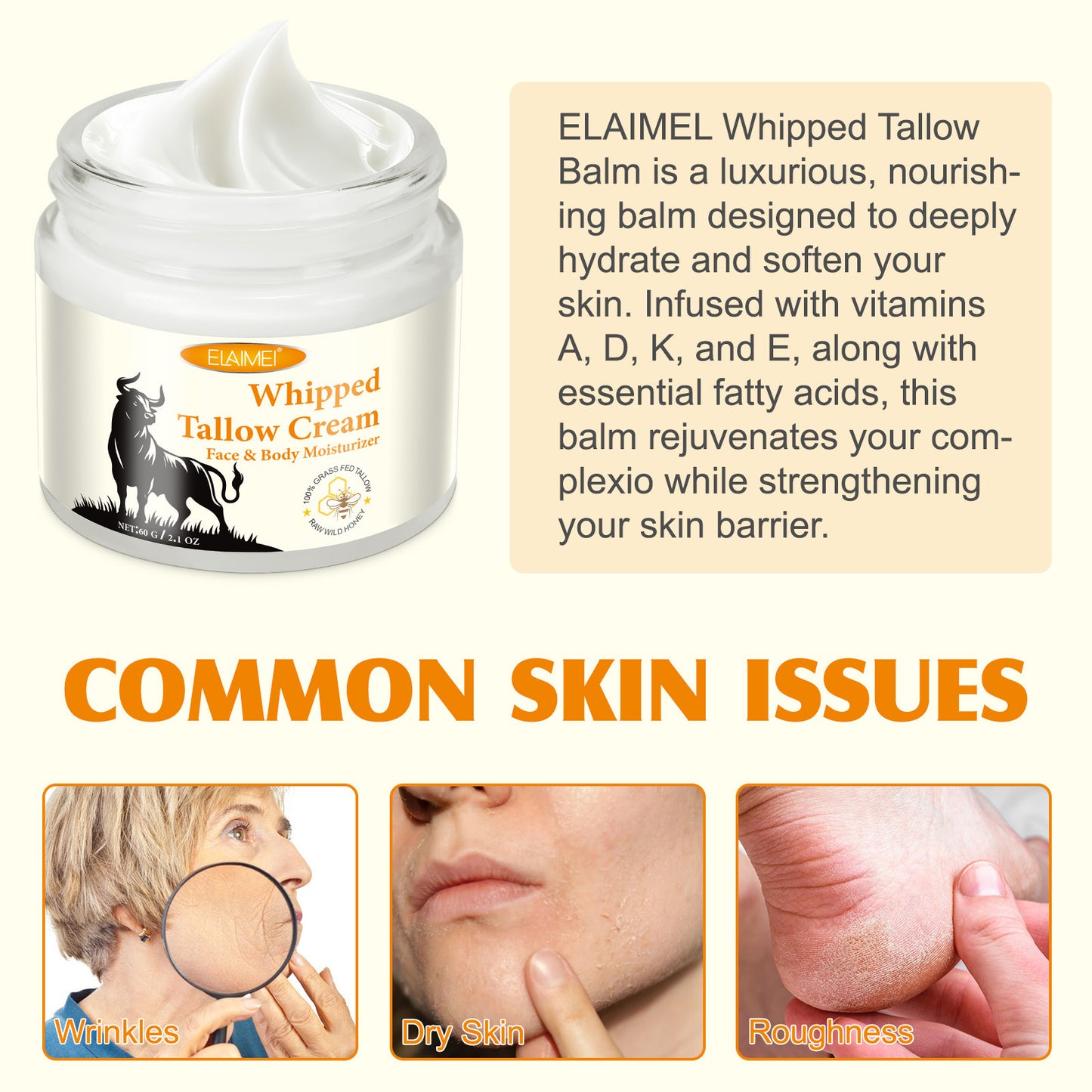 ELAIMEI - Whipped Tallow Cream-Face and Body Moisturizer-100% Grass Fed Tallow