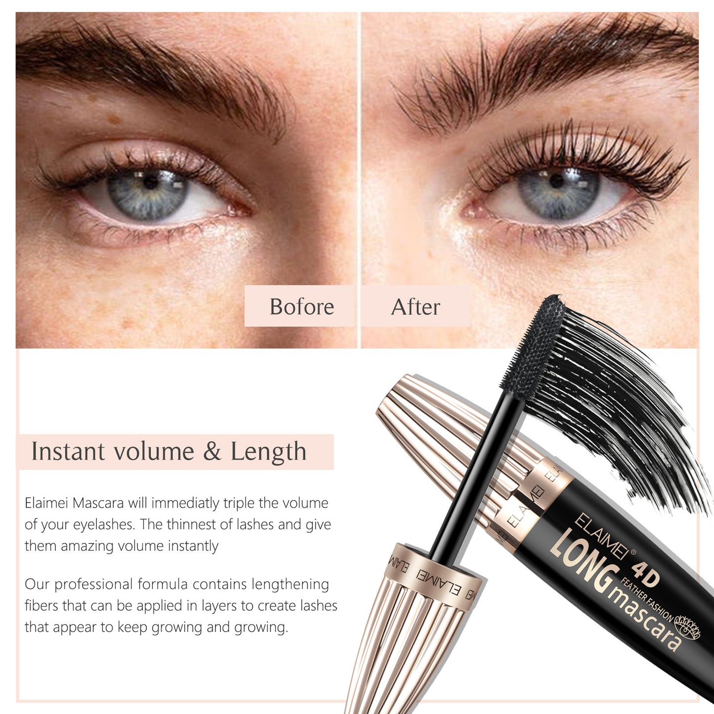 ELAIMEI - 4D Long Volume Mascara -Thicker Longer and Curl Lashes-Intense Volume