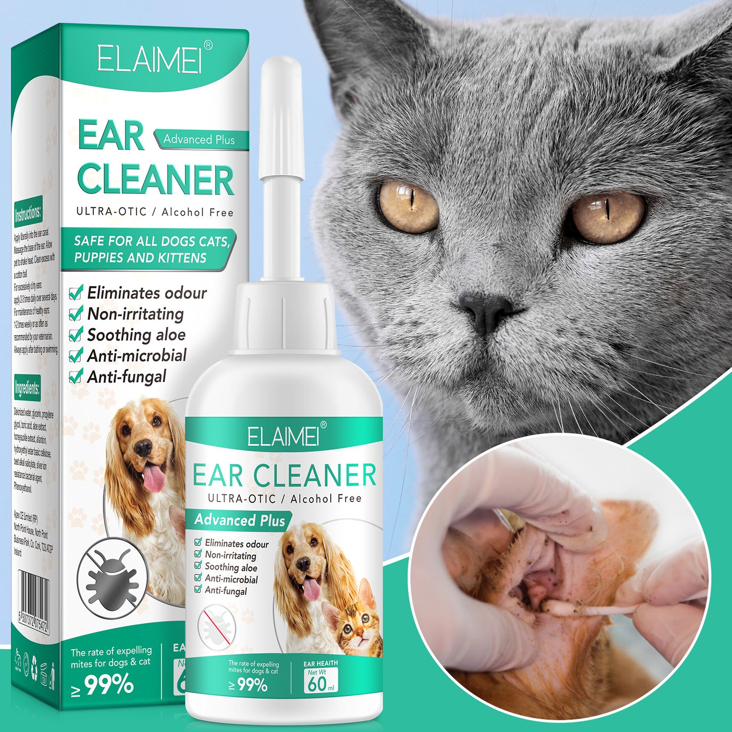 ELAIMEI - Pet Ear Cleaner- Ultra-Otic Alcohol Free -Eliminates odour