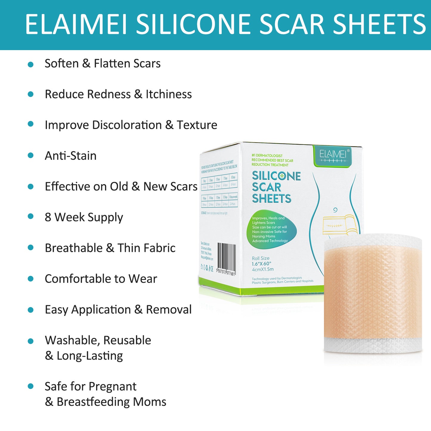 ELAIMEI- Silicone Scar Sheets -Professional Scar Removal Sheets -Roll 4cm x 1.5m