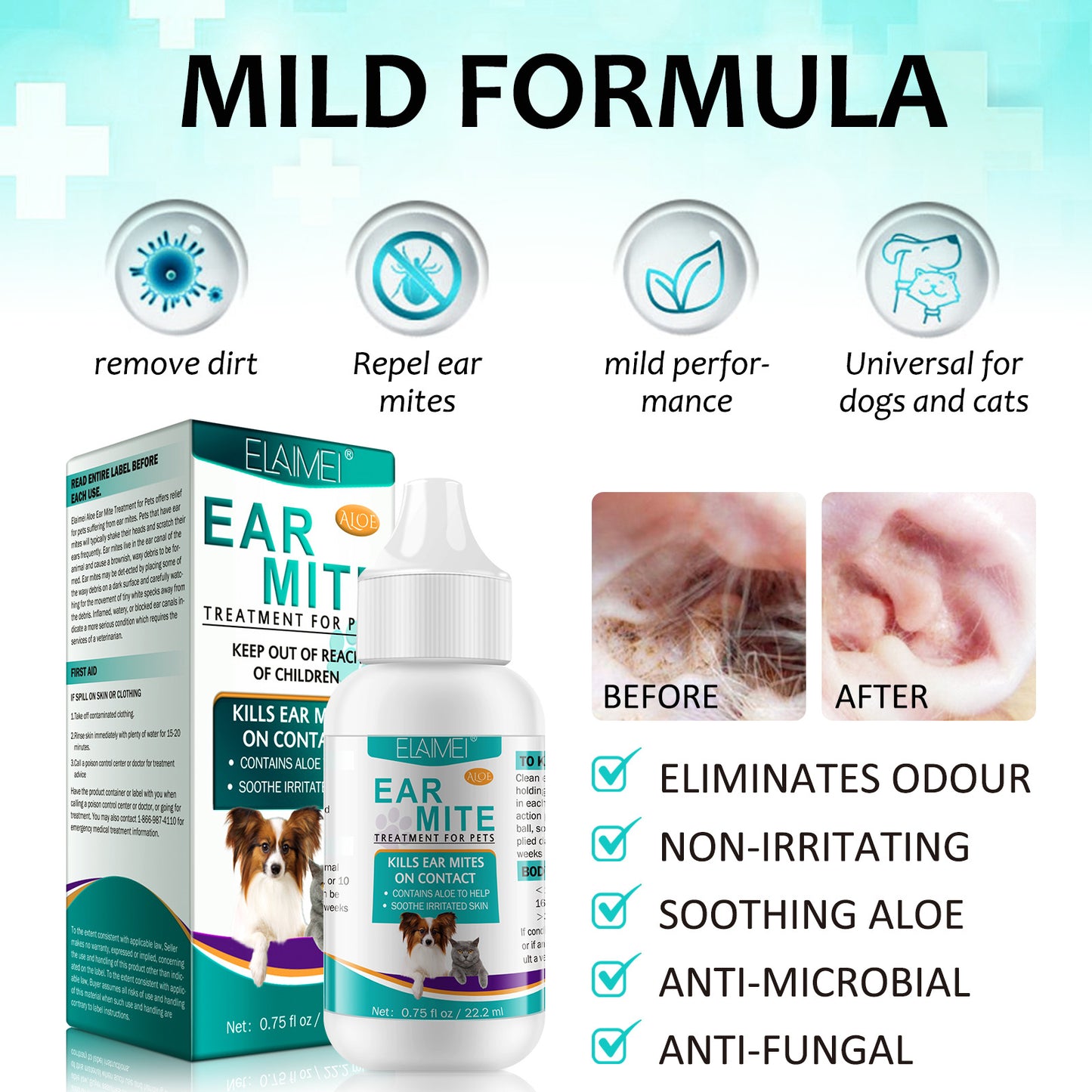 ELAIMEI - Ear Mite Treatment For Pets -Kills Ear Mite on Contact-Contains Aloe