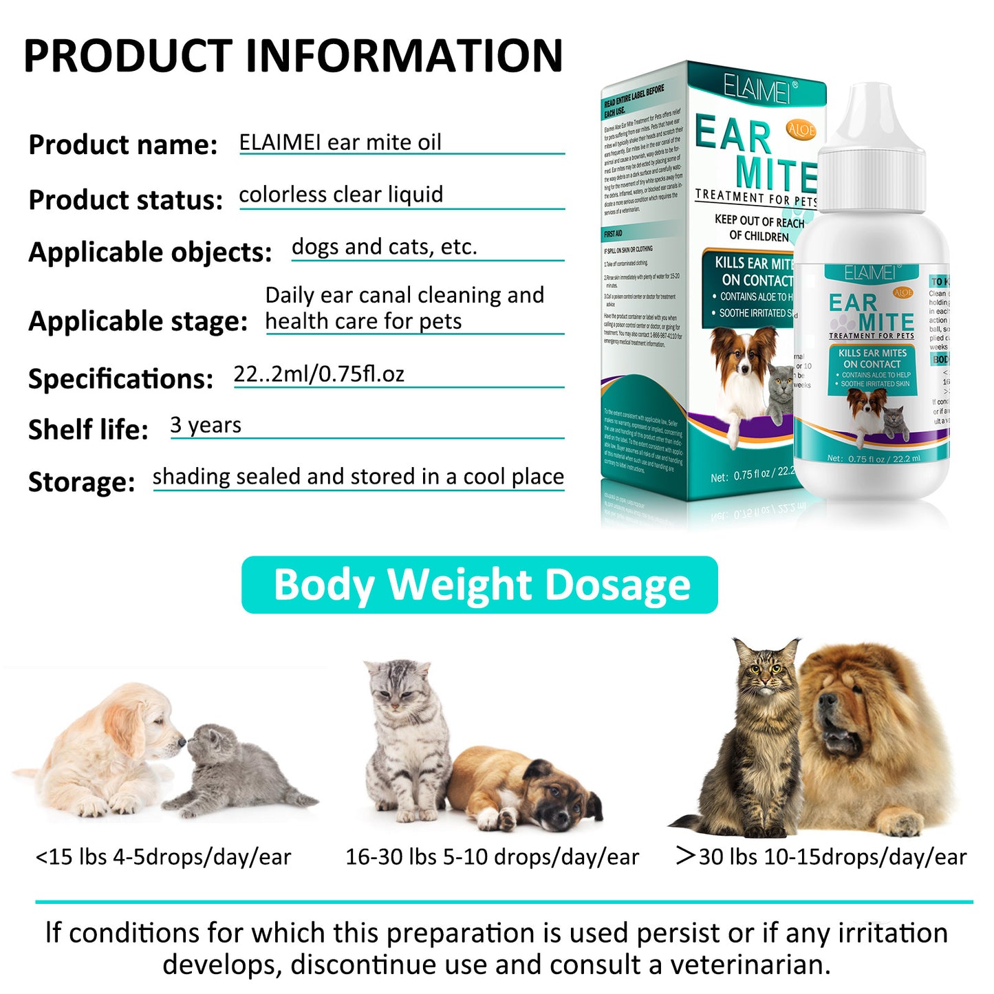 ELAIMEI - Ear Mite Treatment For Pets -Kills Ear Mite on Contact-Contains Aloe