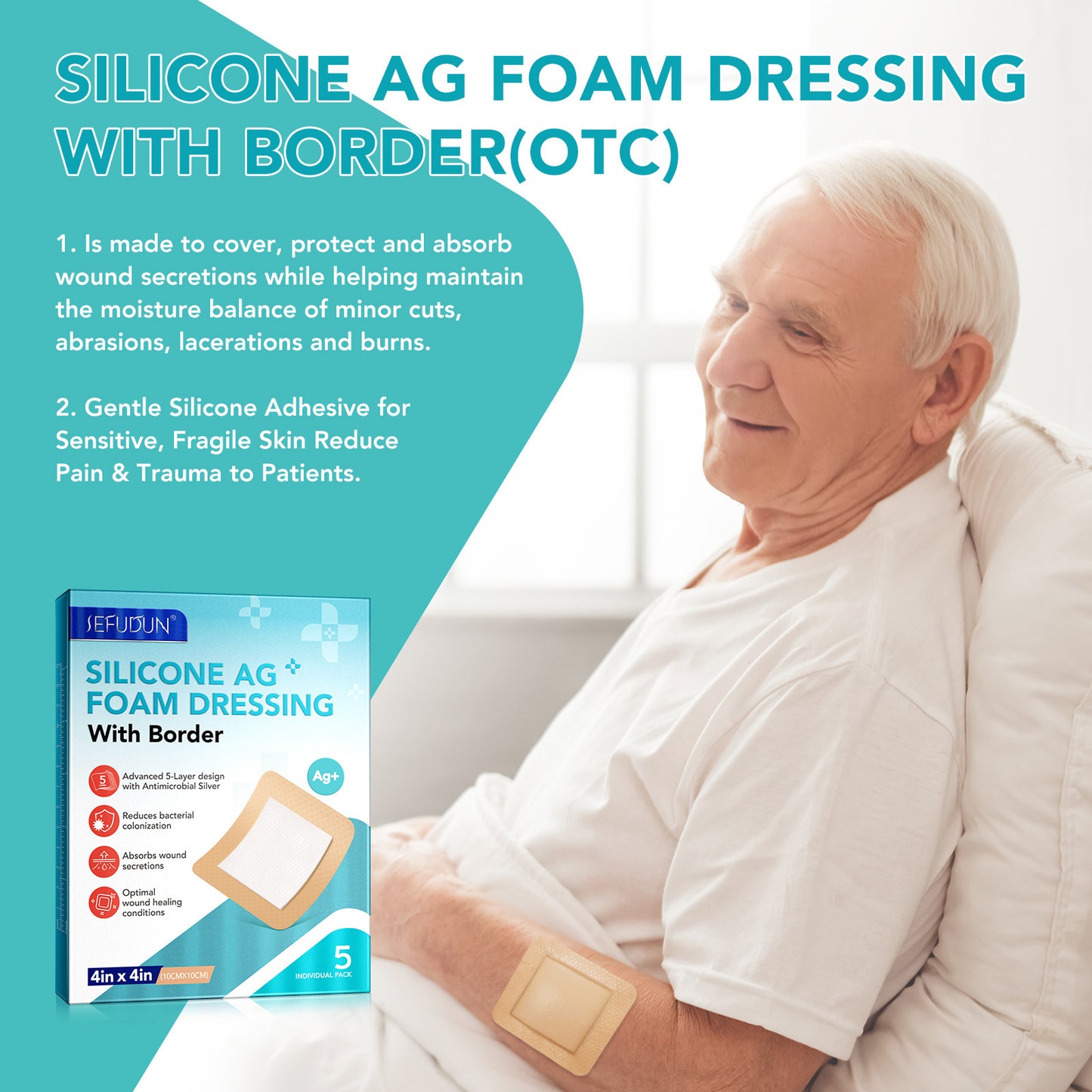 SEFUDUN - Silicone Foam Dressing Silver Ag+ Sterile Wound Bandage-Waterproof Absorben