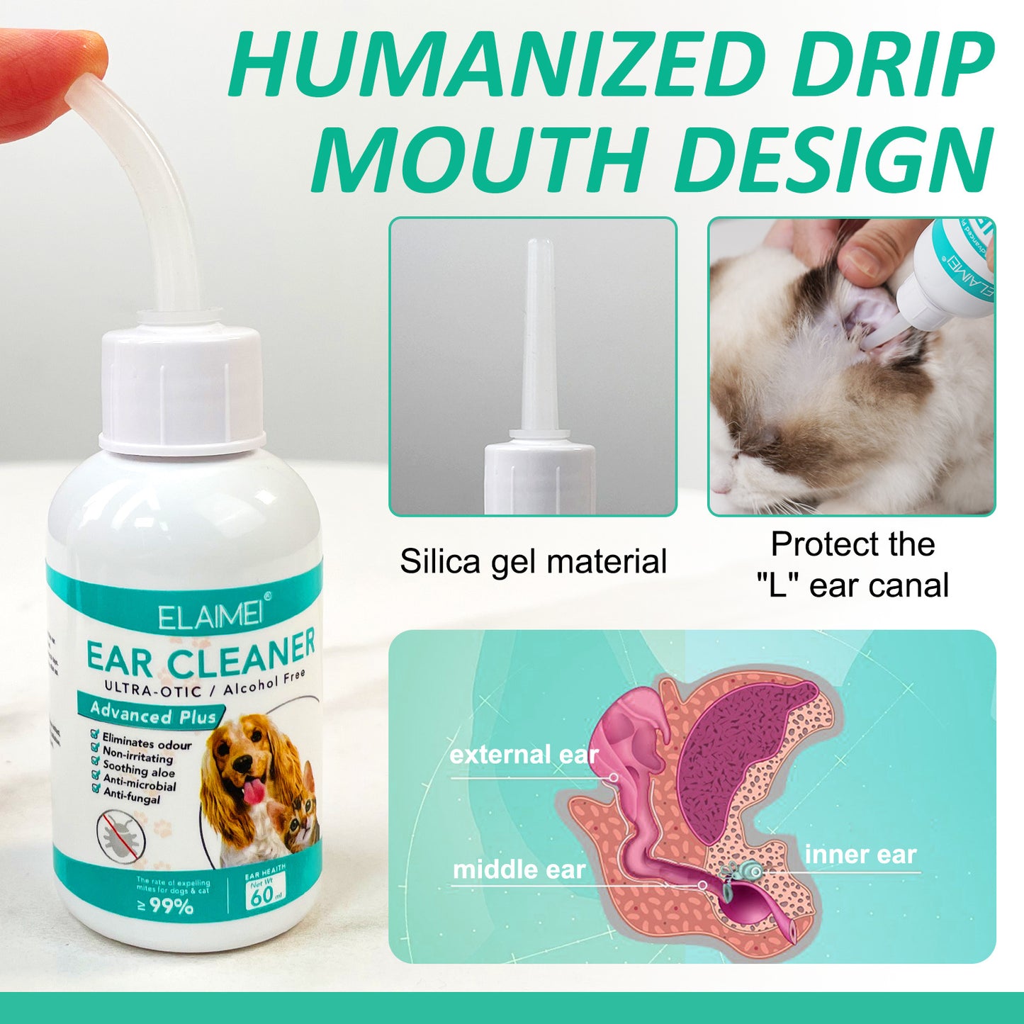 ELAIMEI - Pet Ear Cleaner- Ultra-Otic Alcohol Free -Eliminates odour