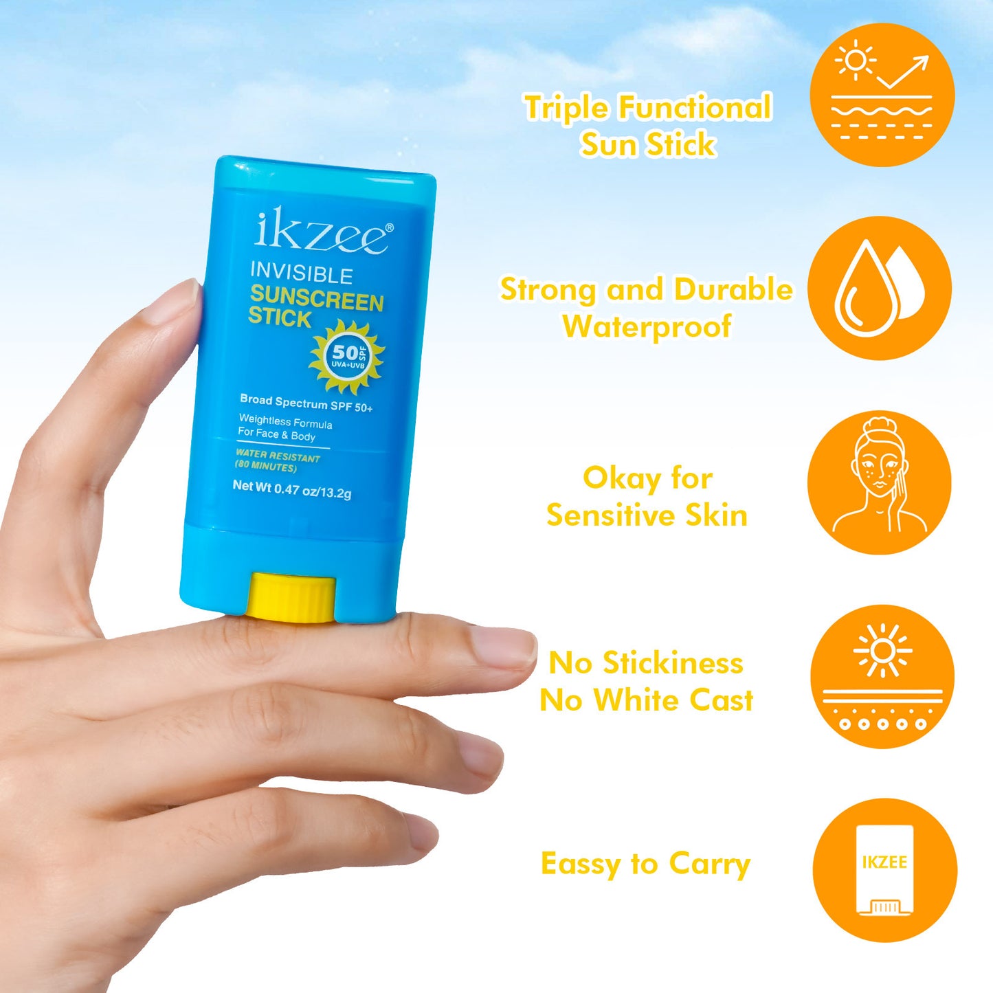 IKZEE - Invisible Sunscreen Stick SPF 50+ - Long Lasting & Water-Resistant