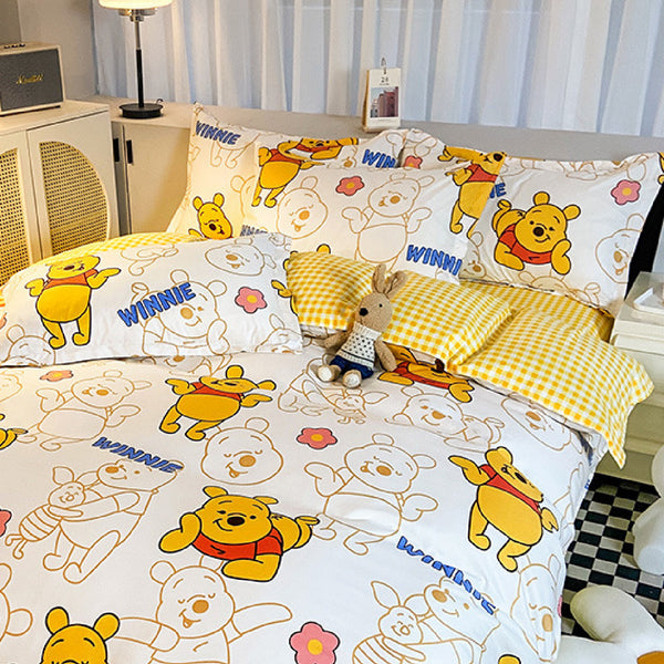 Disney Cartoon Four Piece- Fitted Sheet -Duvet Cover -Pillowcase Set - Happy Pooh