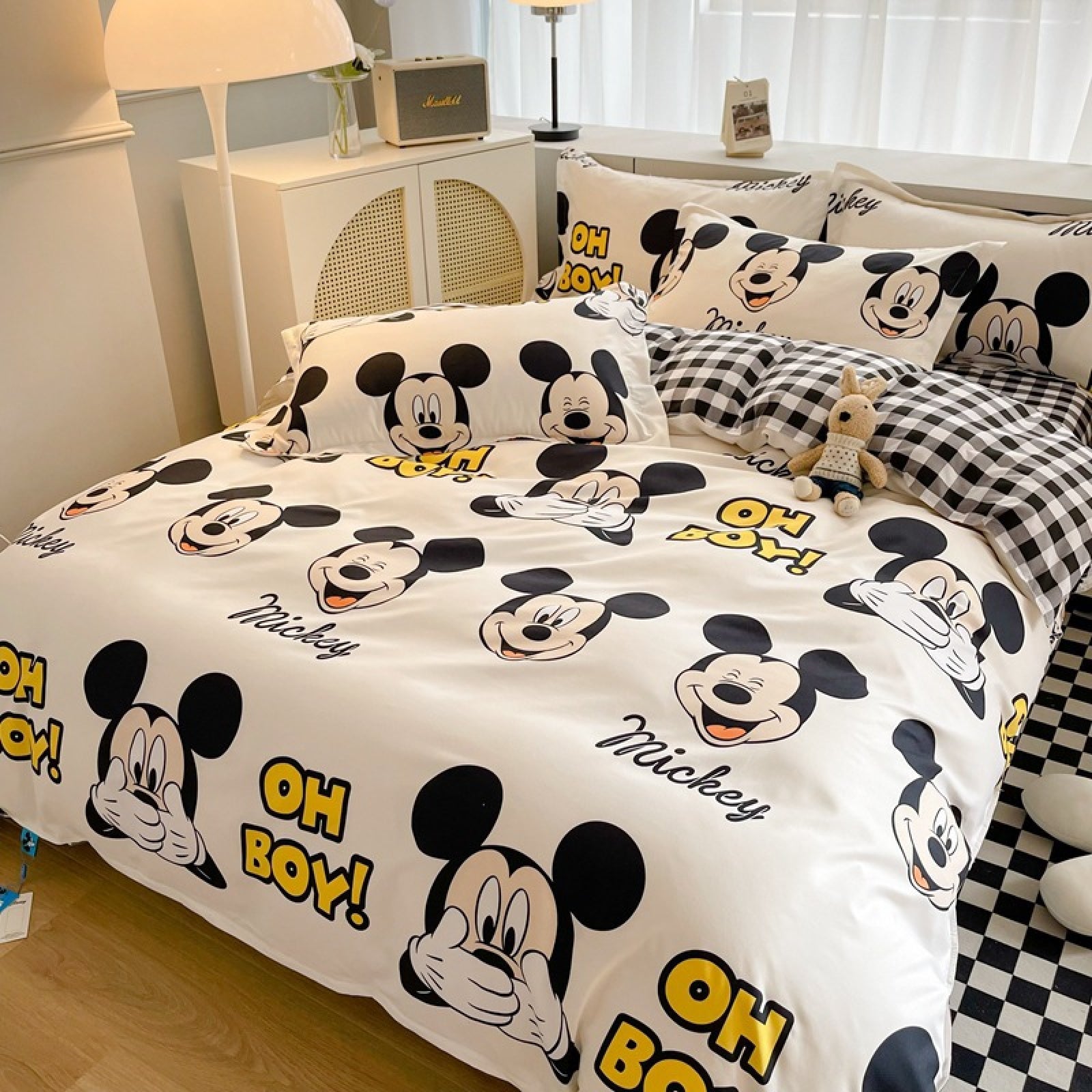 Disney Cartoon Four Piece- Fitted Sheet -Duvet Cover -Pillowcase Set - Happy Mickey