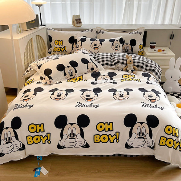 Disney Cartoon Four Piece- Fitted Sheet -Duvet Cover -Pillowcase Set - Happy Mickey