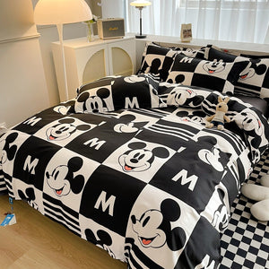 Disney Cartoon Four Piece- Fitted Sheet -Duvet Cover -Pillowcase Set - Black and White Mickey