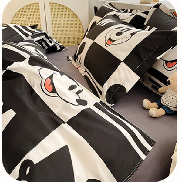 Disney Cartoon Four Piece- Fitted Sheet -Duvet Cover -Pillowcase Set - Black and White Mickey