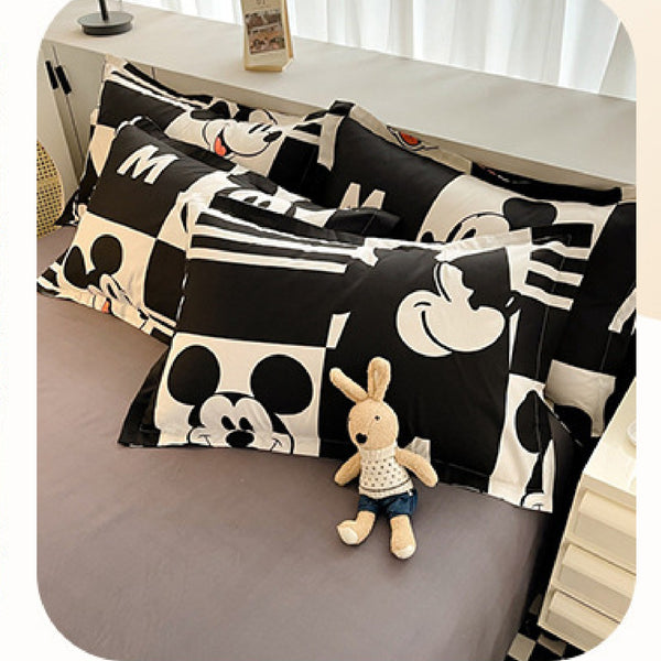 Disney Cartoon Four Piece- Fitted Sheet -Duvet Cover -Pillowcase Set - Black and White Mickey