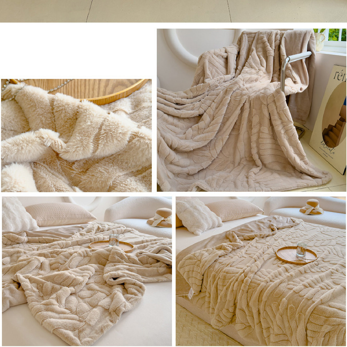 New Rabbit Fur - Banana leaf Design - Double Layer Thickened Rabbit Fur Blanket Throw - High Weight Blanket Comfortable and Warm - 200 x 230cm