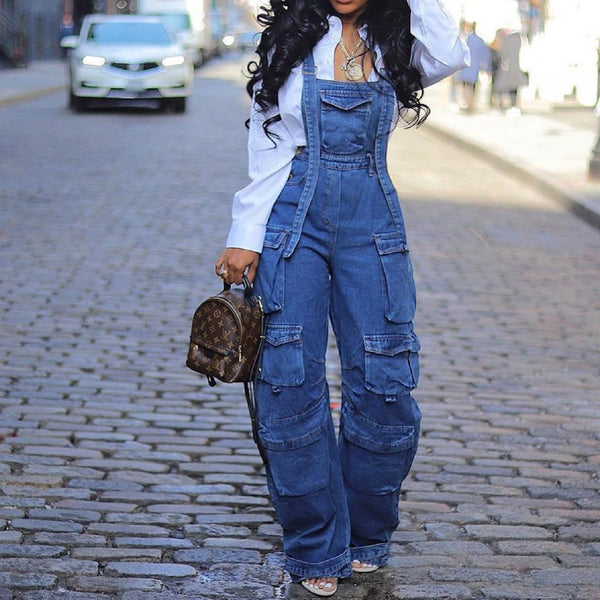 Women's Cargo Denim Overall Jumpsuit Wide Leg Bib Loose Baggy Casual Jeans-Blue