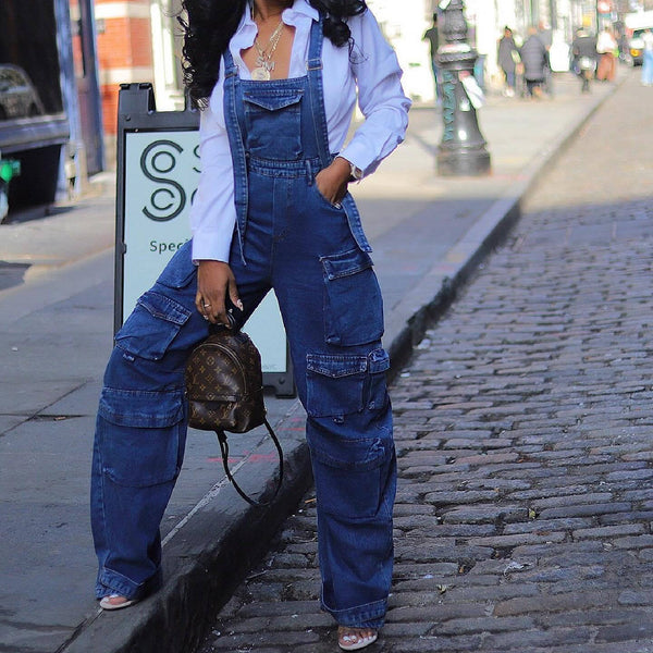 Women's Cargo Denim Overall Jumpsuit Wide Leg Bib Loose Baggy Casual Jeans-Blue