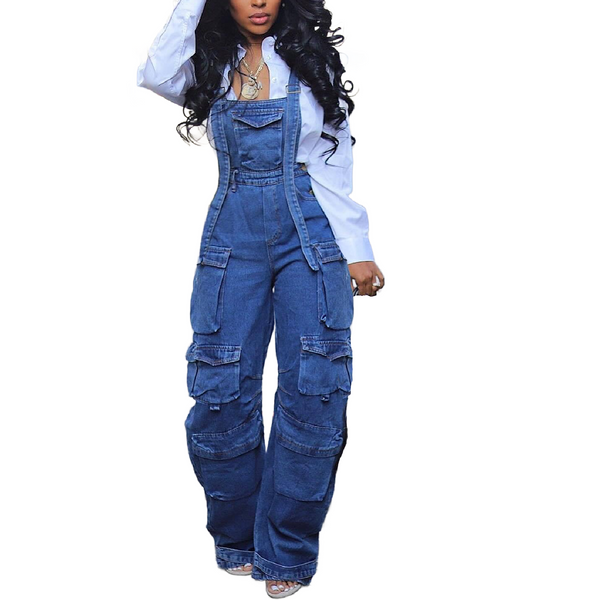 Women's Cargo Denim Overall Jumpsuit Wide Leg Bib Loose Baggy Casual Jeans-Blue