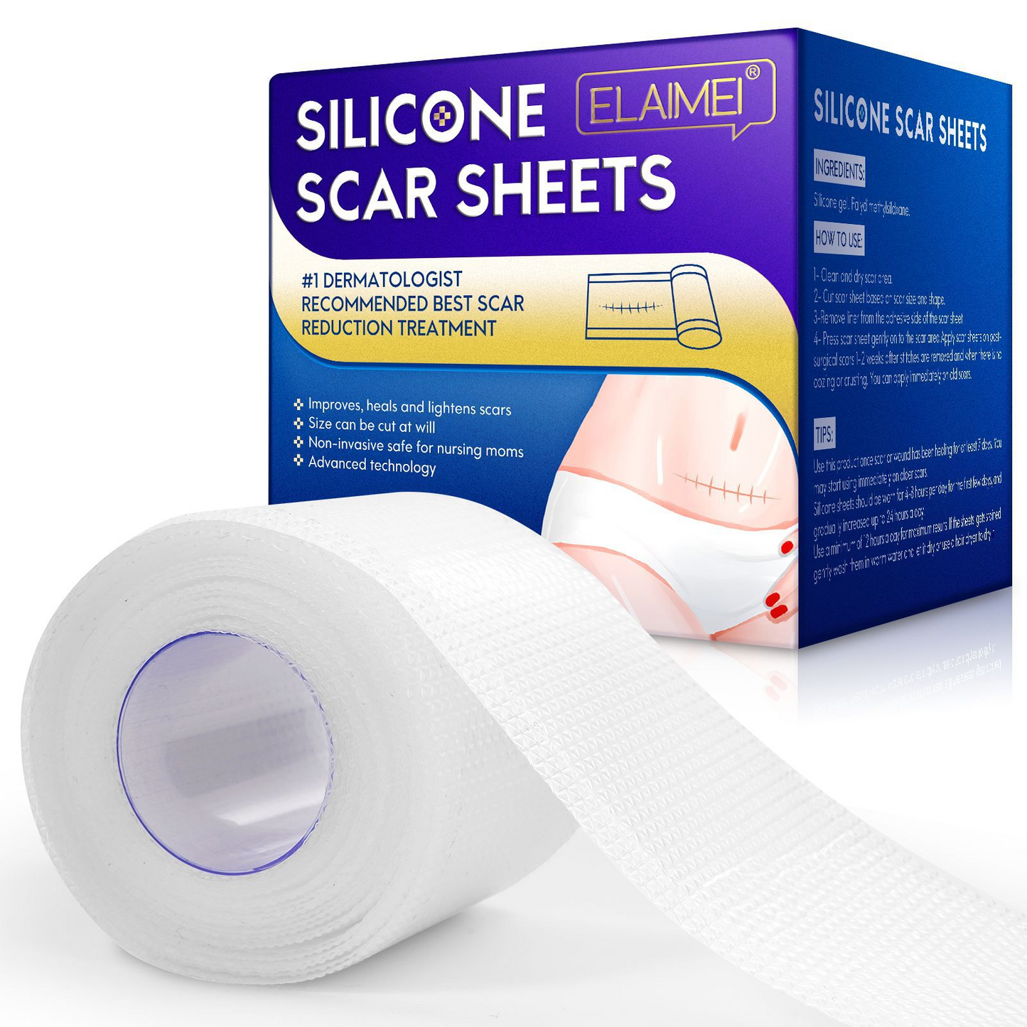 ELAIMEI- New Clear Silicone Scar Sheets -Professional Scar Removal 4cm x 3m