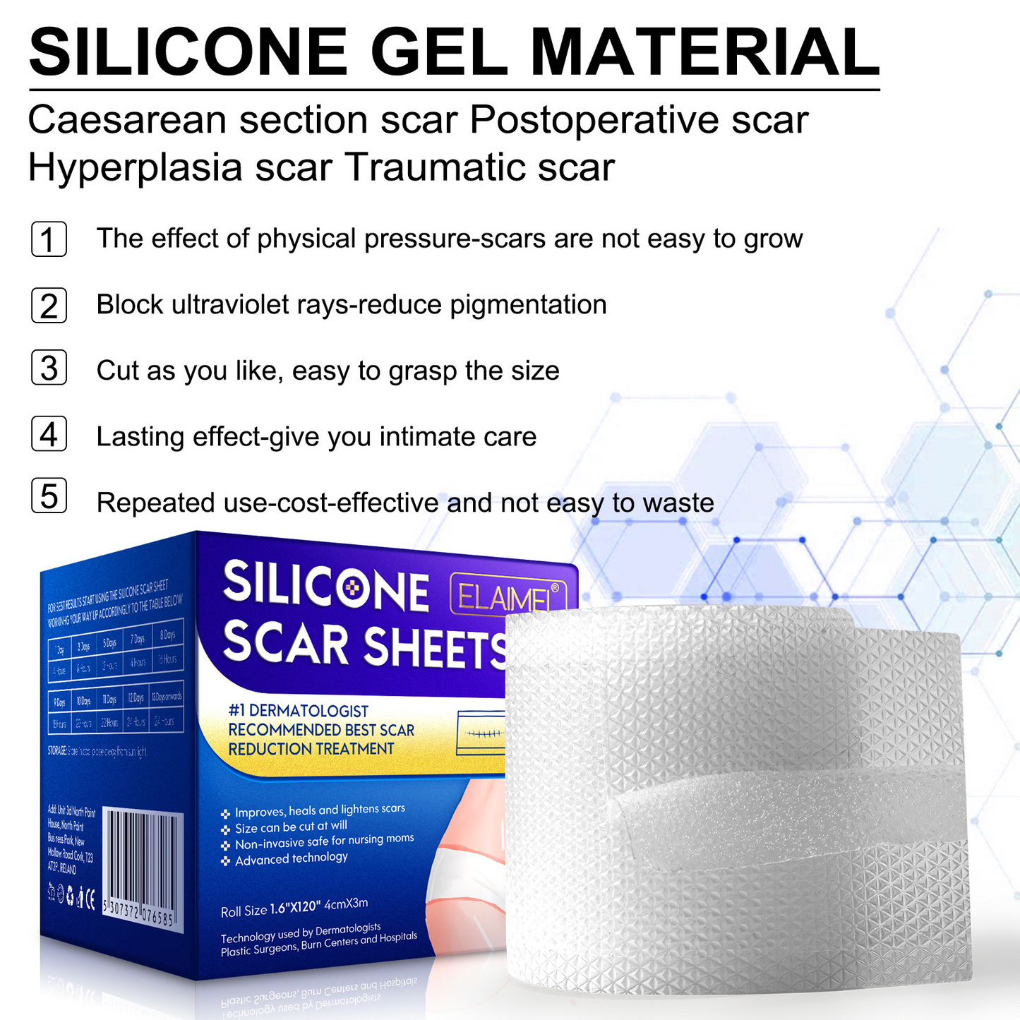 ELAIMEI- New Clear Silicone Scar Sheets -Professional Scar Removal 4cm x 3m