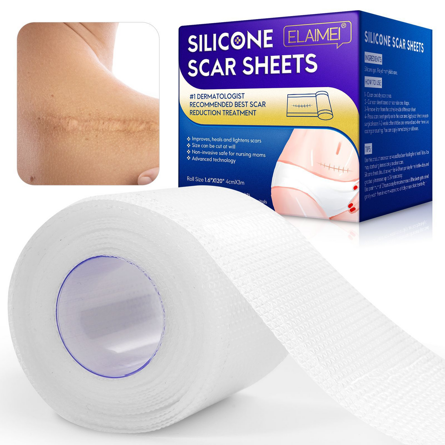 ELAIMEI- New Clear Silicone Scar Sheets -Professional Scar Removal 4cm x 3m