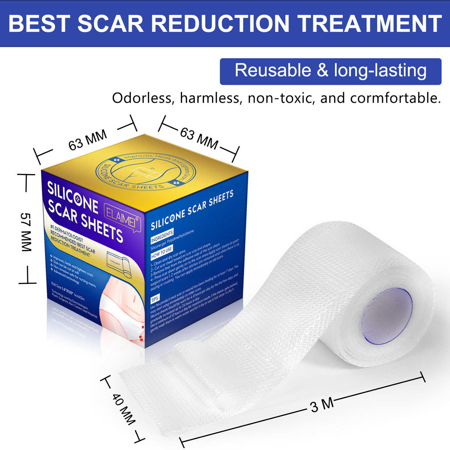 ELAIMEI- New Clear Silicone Scar Sheets -Professional Scar Removal 4cm x 3m