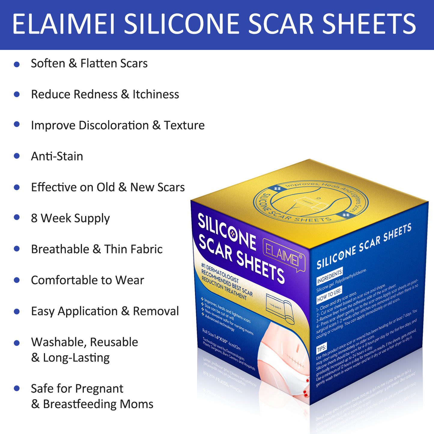 ELAIMEI- New Clear Silicone Scar Sheets -Professional Scar Removal 4cm x 3m