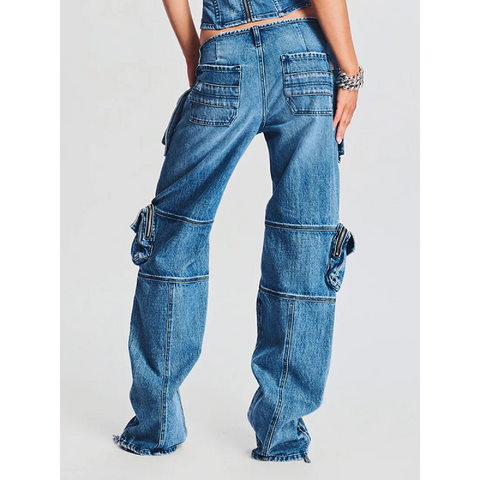 KAMFE HOM-Stretch Cargo Straight Leg Side Zipper Slit Denim High Waist Jean -Blue