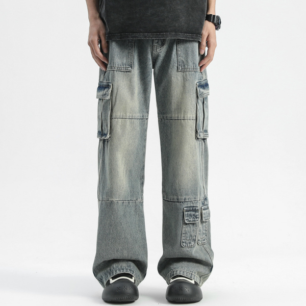 KAMFE HOM Hip-Hop Street Wide-Leg Jeans Men's Ins Niche Splicing Denim