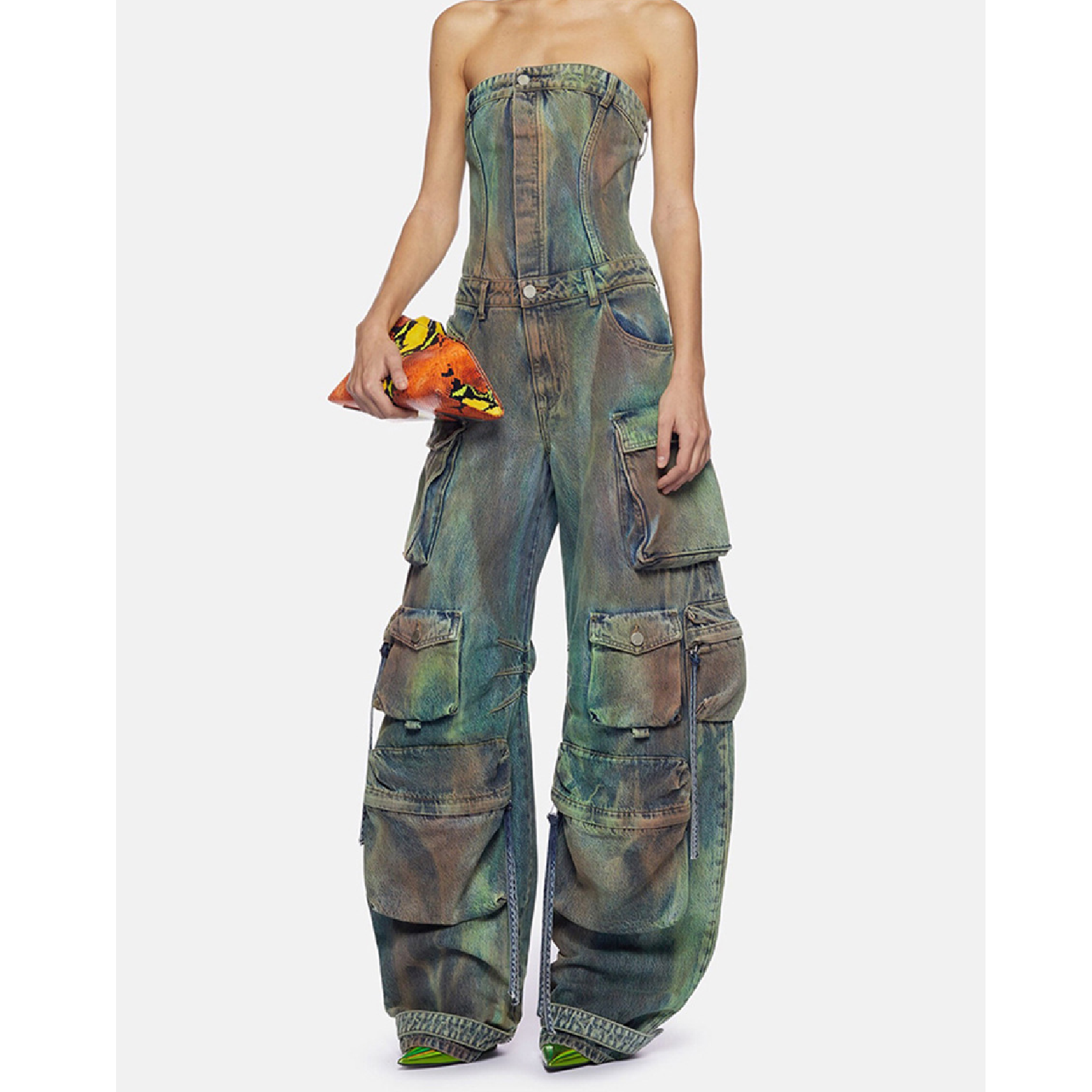 New Street Style Tube Top Multi-Pocket Denim Overalls Jumpsuit Dirty Green