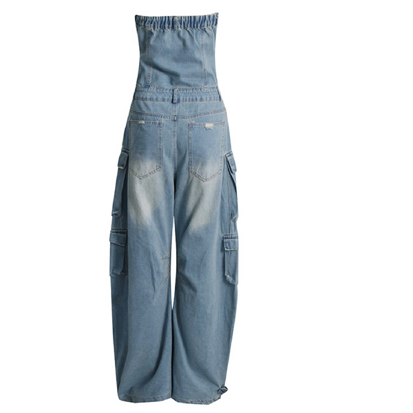 KAMFE HOM Street Style Tube Top Multi-Pocket Denim Overalls Jumpsuit - Light Blue