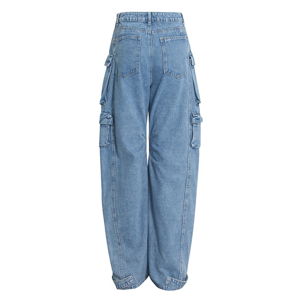 KAMFE HOM Splicing Multi-Pocket Overalls Street Long Wide Leg Denim Pants - Light Blue