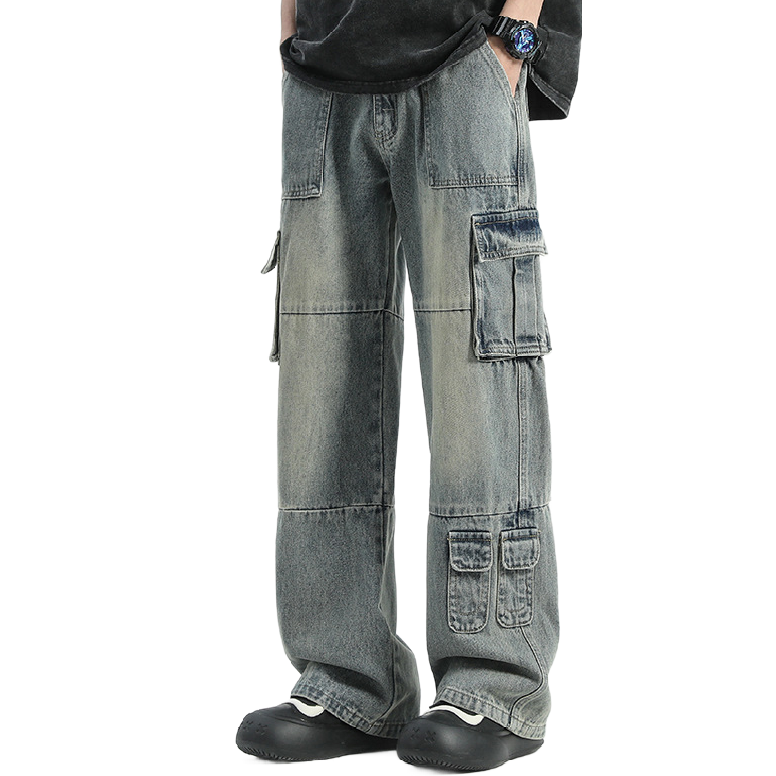 KAMFE HOM Hip-Hop Street Wide-Leg Jeans Men's Ins Niche Splicing Denim