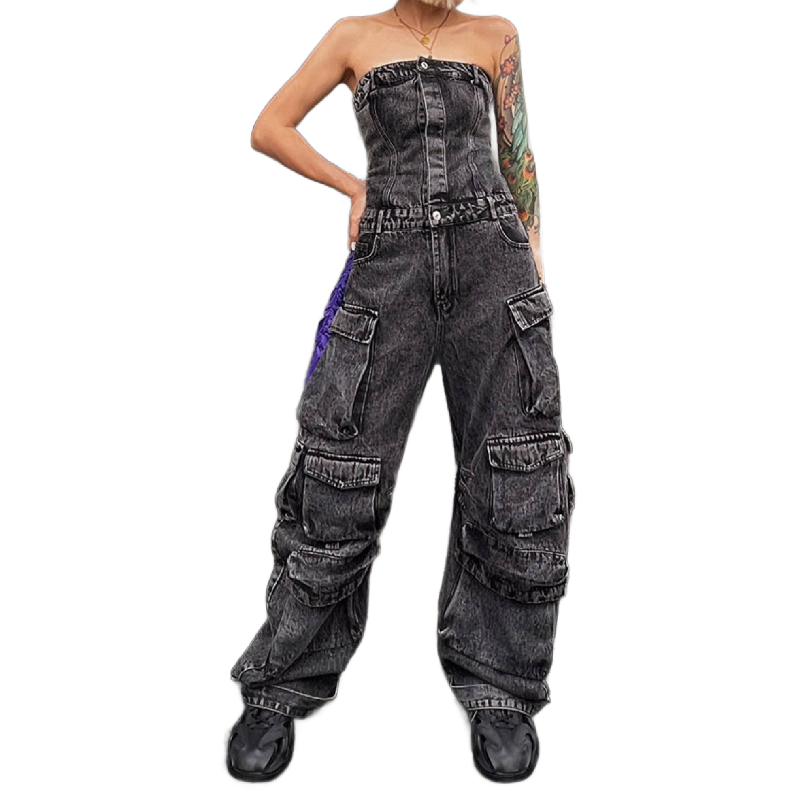 KAMFE HOM Street Style Tube Top Multi-Pocket Denim Overalls Jumpsuit - Dark Grey