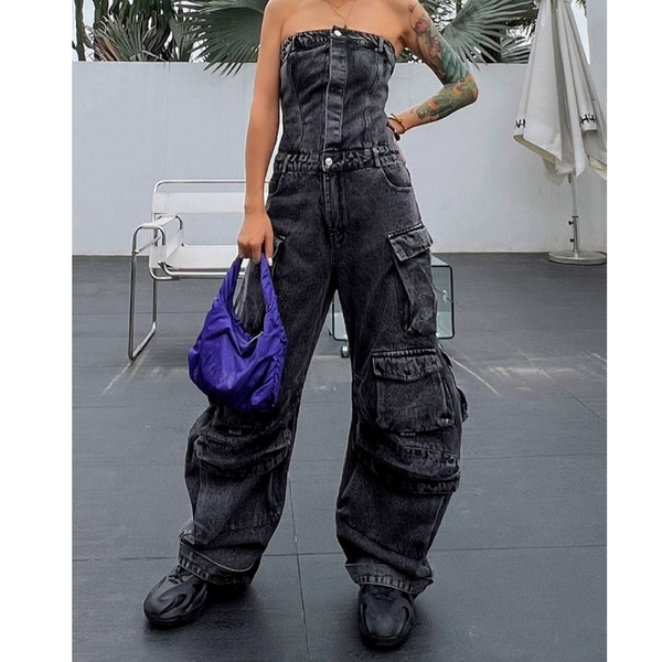 KAMFE HOM Street Style Tube Top Multi-Pocket Denim Overalls Jumpsuit - Dark Grey