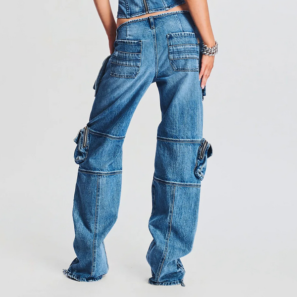 KAMFE HOM-Stretch Cargo Straight Leg Side Zipper Slit Denim High Waist Jean -Blue