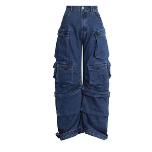 KAMFE HOM Splicing Multi-Pocket Overalls Street Long Wide Leg Denim Pants - Dark Blue