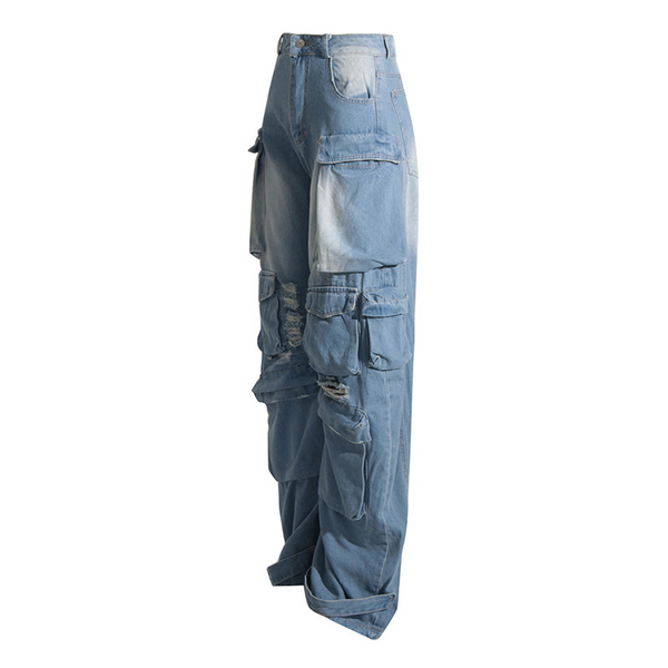 KAMFE HOM Design Sense Big Pocket Street Style High Waist Baggy Jeans - Blue